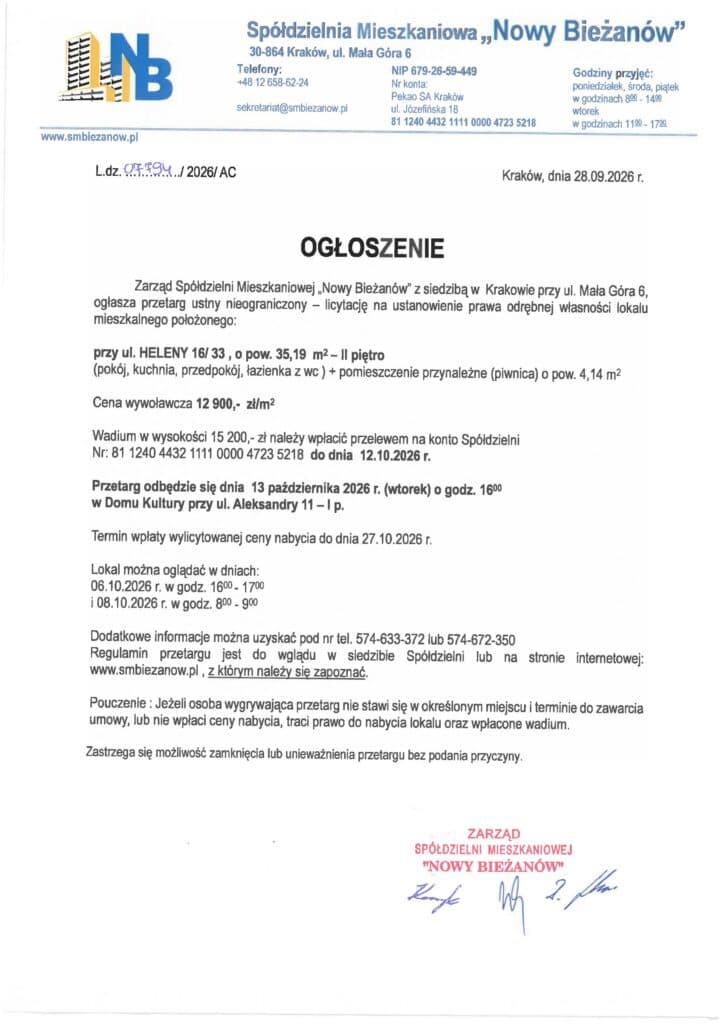 SM Nowy Bieżanów: PRZETARG NA MIESZKANIE UL.HELENY 16/33 - Spółdzielnia Mieszkaniowa "Nowy Bieżanów"